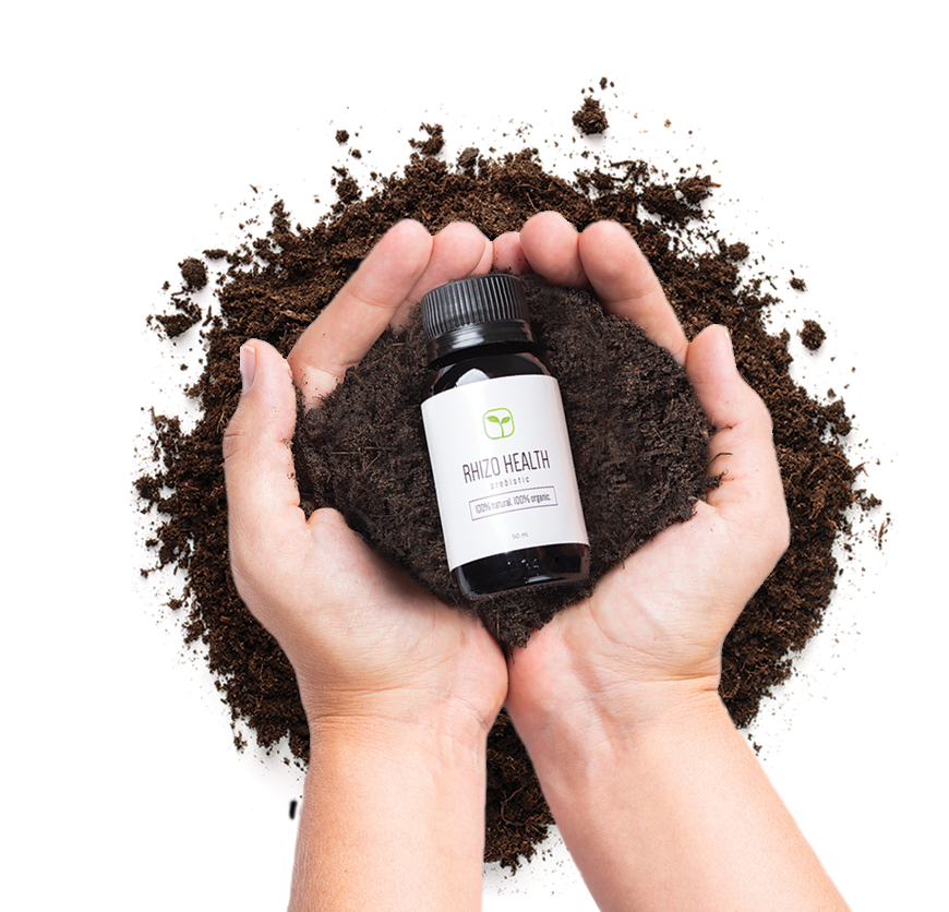 Rhizo Health bottle, Rhizo Health supplement, gut microbiome, soil contribution to human health